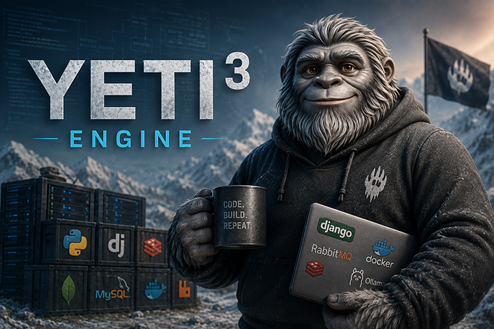 Йети YETI³ Engine с ноутбуком на фоне гор и серверной инфраструктуры